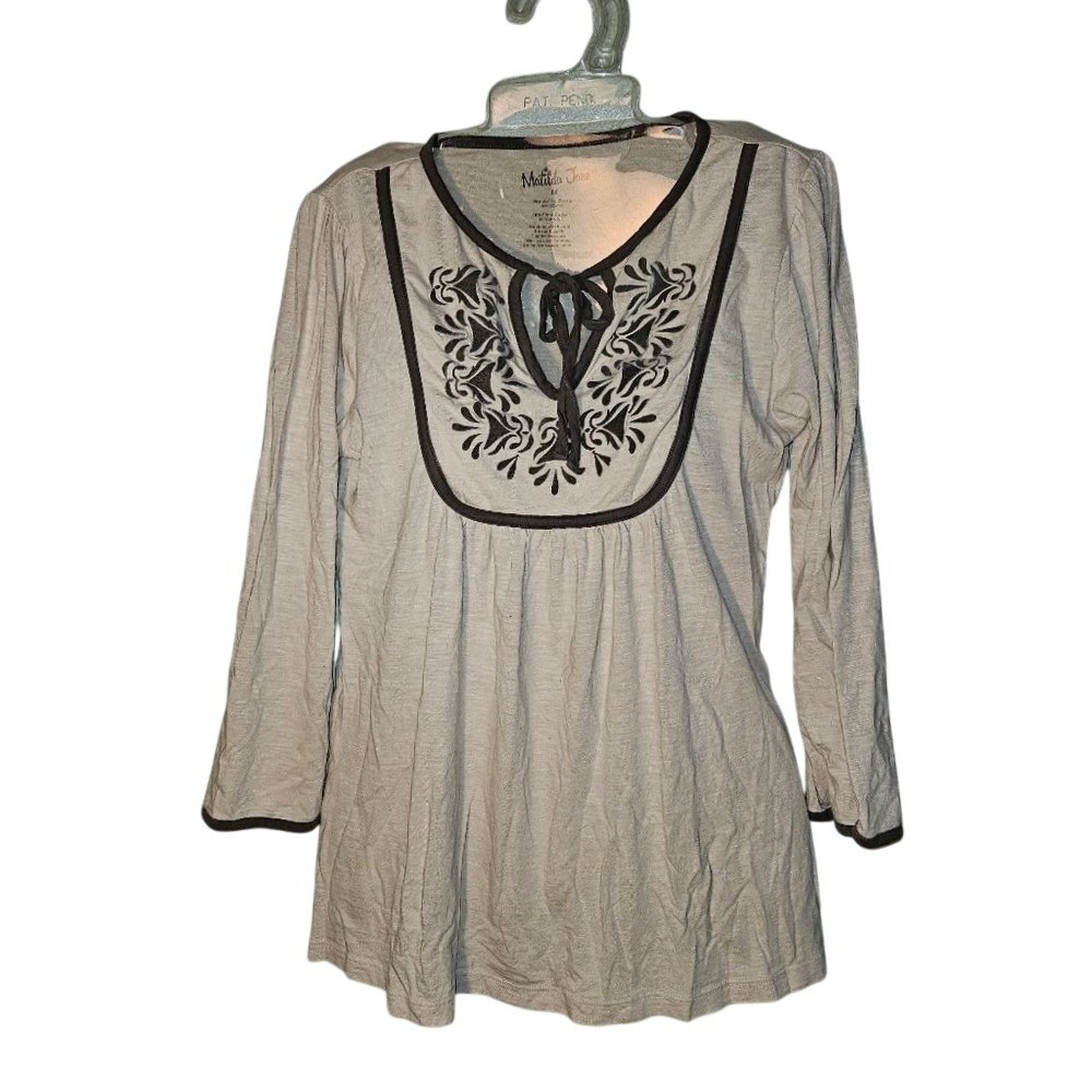 Matilda Jane Womens Tan Embroidered Floral‎ Tunic Top 3/4 Sleeve Pima Cotton M